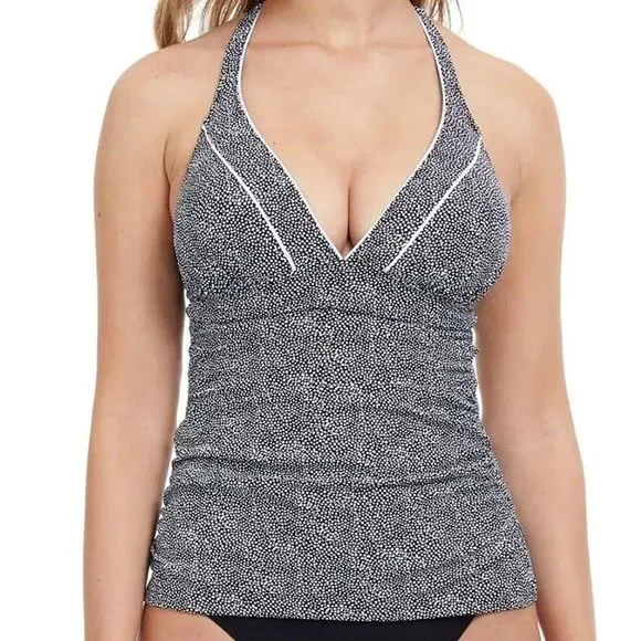 Profile By Gottex NWT Sz 14 Black White Colette V-Neck Halter Tankini Swim Top